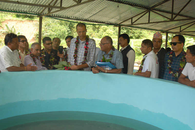 Representatives of the World Bank interact with farmers at a fish farm, in Rupakot of Kaski, in August 2016. Photo: PACT