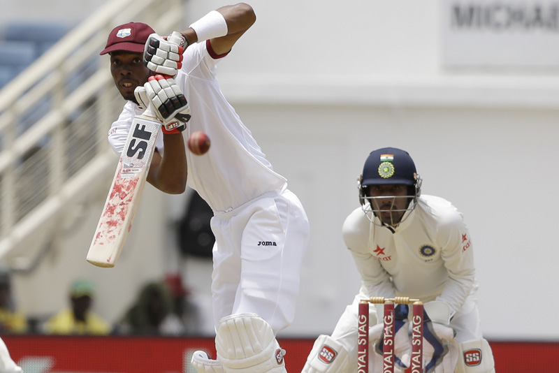 West Indies' Roston Chase plays a shot from the bowling of India's Amit Mishra during day five of their second cricket Test match at the Sabina Park Cricket Ground in Kingston, Jamaica, Wednesday, Aug. 3, 2016. Photo: AP