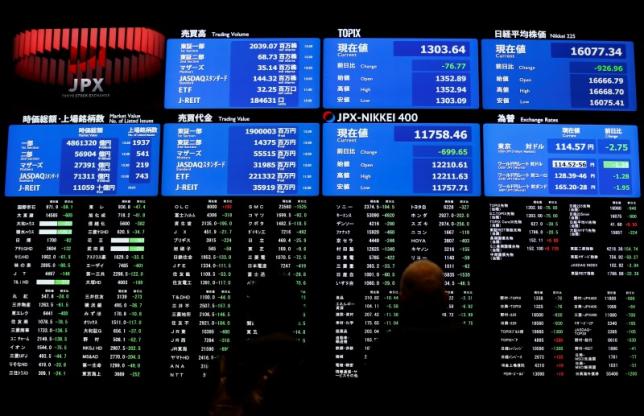Visitors looks at an electronic board showing the Japan's Nikkei average (top R) at the Tokyo Stock Exchange (TSE) in Tokyo, Japan, February 9, 2016. REUTERS/Issei Kato