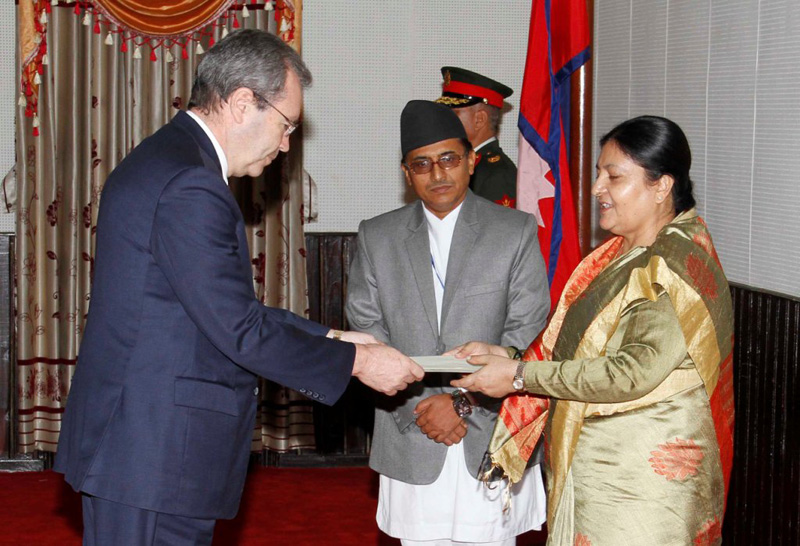 Non-residential ambassador of Equador to Nepal Mentor Particia Villagomez Merino submit his letter of credence to President Bidya Devi Bhandari at the Sheetal Niwas in Kathmandu, on Monday, August 29, 2016. Courtesy: President's Office