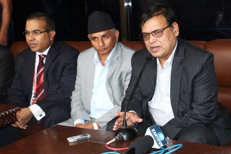 Deputy Prime Minister Krishna Bahadur Mahara talks with media before his departure to China, at the Tribhuvan International Airport, on Monday, August 15, 2016. Photo: RSS