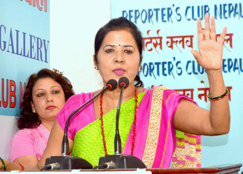 President of Nepal Women Association, Dila Sangraula, speaks during a press conference on Wednesday, August 24, 2016. Photo: Reporters' Club