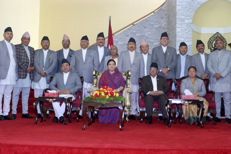 Newly appointed minister pose for a photograph with President Bidya Devi Bhandari, Vice-President Nanda Bahadur Pun, Prime Minister Pushpa Kamal Dahal and Speaker Onsari Gharti, at the Sheetal Niwas, on Friday, August 26, 2016. Photo: RSS