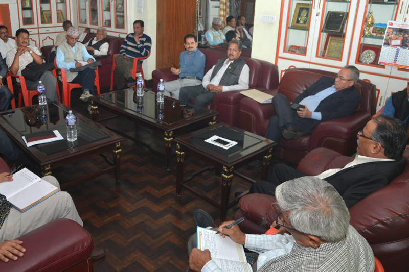 Leaders of the CPN Maoist Centre take part in the party Central Office meeting, in Kathmandu on Wednesday, September 19, 2016. PM Pushpa Kamal Dahal had chaired the meeting. Photo: PM's Secretariat