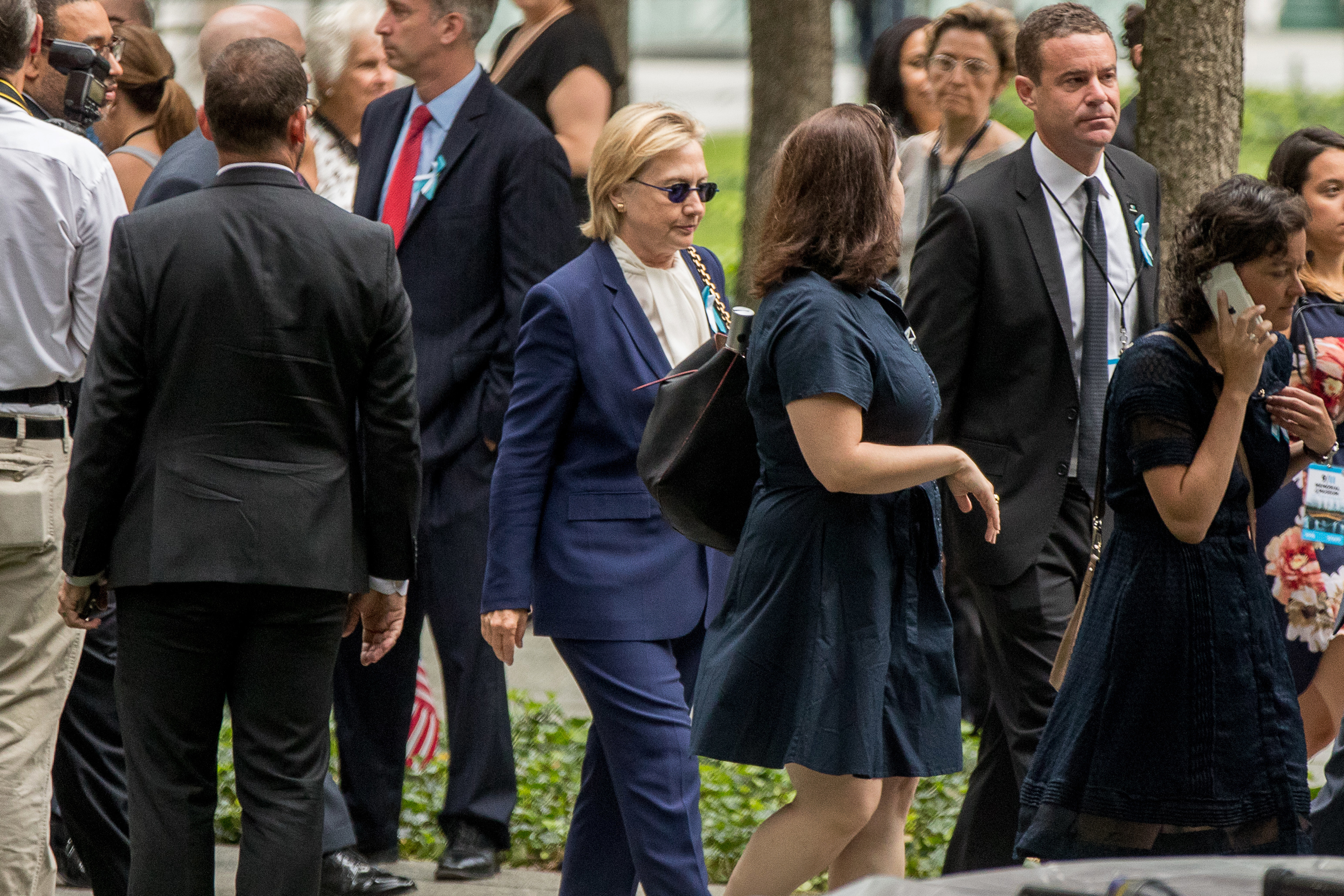 Democratic presidential candidate Hillary Clinton arrives to attend a ceremony at the National September 11 Memorial, in New York, Sunday, Sept. 11, 2016, on the 15th anniversary of the Sept. 11 attacks. (AP Photo/Andrew Harnik)