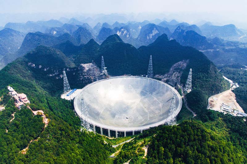 FILE - An aerial view shows the Five-hundred-metre Aperture Spherical Telescope (FAST) in the remote Pingtang county in southwest China's Guizhou province, on Saturday, September 24, 2016. Photo: AP