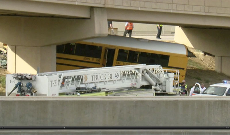 In this image made from video provided by KMGH/THEDENVERCHANNEL.COM, emergency personnel stand near the scene of a school bus that crashed into a concrete pillar in Denver on  Sunday, Sept. 11, 2016. Photo: AP