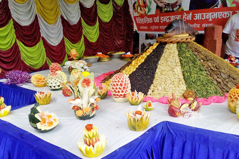 Samyabaji, a collection of traditional Newari dishes, put on display during the Indra Jatra festival, at Aason of Kathmandu, on Thrusday, September 15, 2016. Photo: Nasana Bajracharya