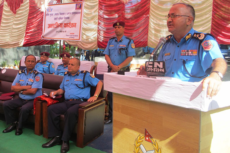 Inspector General of Nepal Police Upendra Kant Aryal addressing an interaction organised at District Police office, Kanchanpur, on Friday, September 30, 2016. IGP Aryal spoke about the role of police to maintain peace and security by controlling crime. Photo: RSS