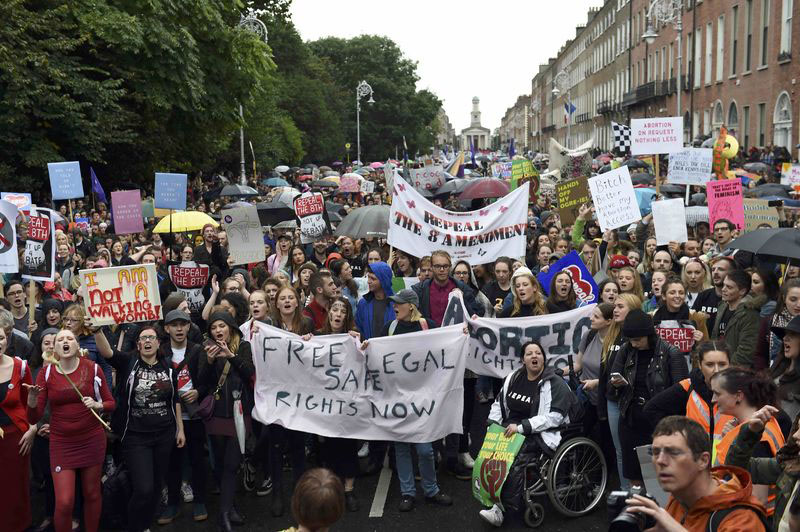 Demonstrators take part in a protest to urge the Irish Government to repeal the 8th amendment to the constitution, which enforces strict limitations to a woman's right to an abortion, in Dublin, Ireland, on September 24, 2016. Photo: Reuters