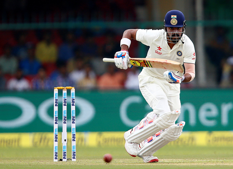 India's Lokesh Rahul plays a shot during First Test match against New Zealand at the Green Park Stadium in Kanpur, on Thursday, September 22, 2016. Photo: Reuters