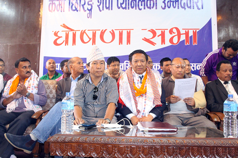 ANFA president candidate Karma Tshiring Sherpa (centre) gestures during the announcement ceremony of his panel in Lalitpur on Sunday, September 25, 2016. Photo: THT