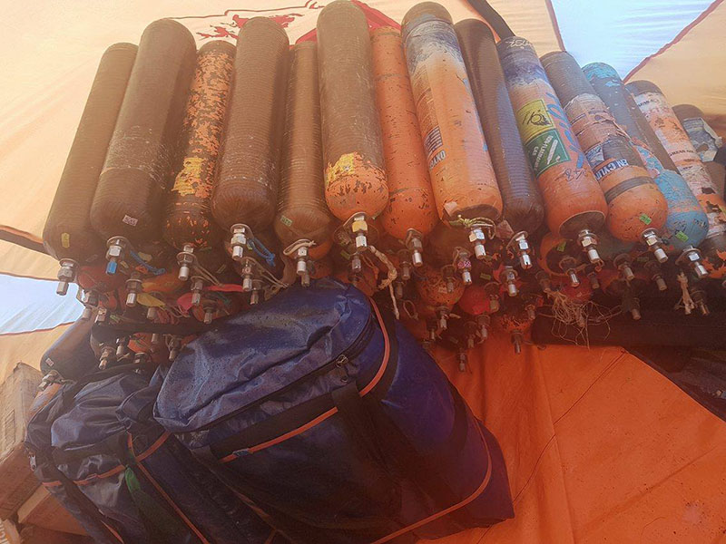 Climbers keep oxygen cylinders ready for the Mt Manaslu climbing at the base camp, in September 2016. Photo: Mingma Sherpa