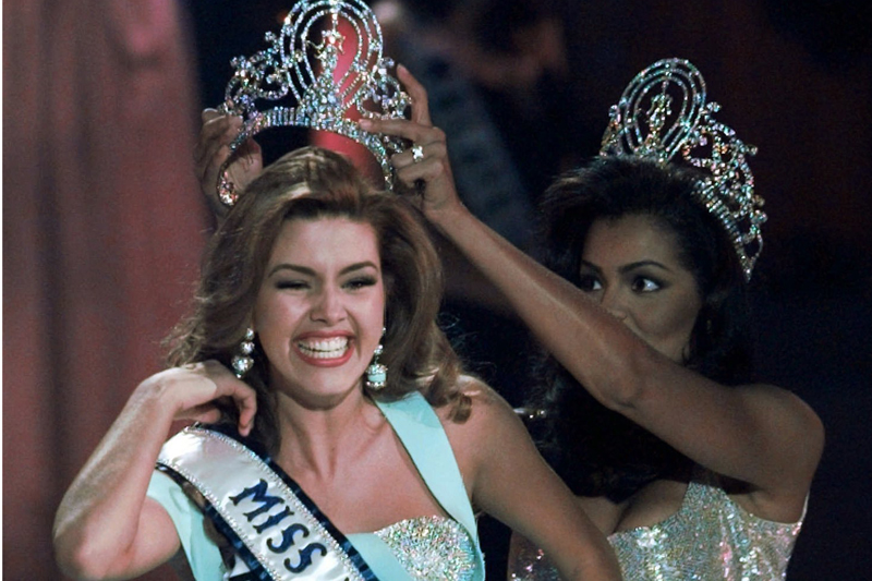 FILE - In this May 17, 1996, file photo, the new Miss Universe Alicia Machado of Venezuela reacts as she is crowned by the 1995 winner Chelsi Smith at the Miss Universe competition in Las Vegas. Machado became a topic of conversation during the first presidential debate between Republican nominee Donald Trump and Democratic candidate Hillary Clinton on September 27, 2016. Photo: AP