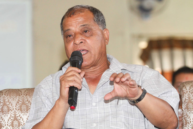 Acting president of All Nepal Football Association Narendra Lal Shrestha speaks during a press meeet in Lalitpur on Friday. THT