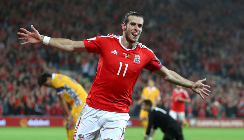 Wales' Gareth Bale celebrates scoring against Moldova during the 2018 World Cup qualifying group D soccer match at the Cardiff City Stadium, Wales, on Monday September 5, 2016. Photo: David Davies/PA via AP