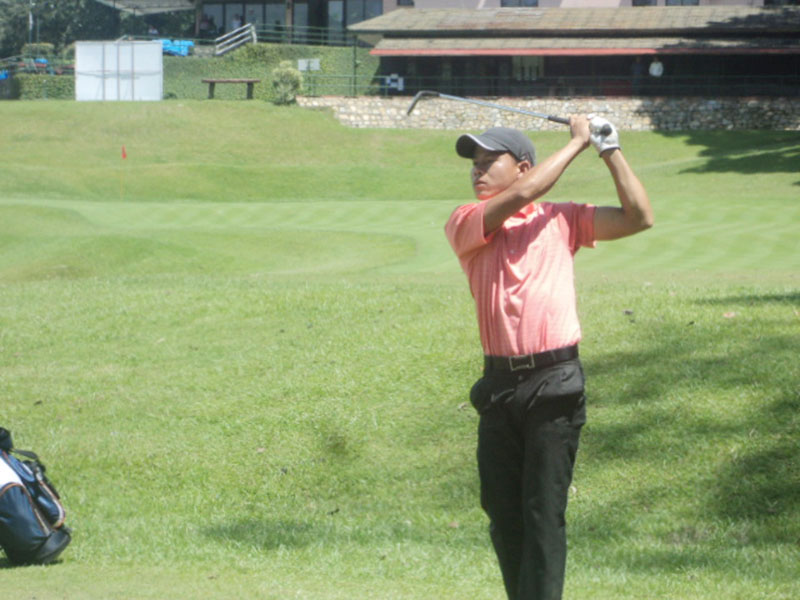 Sukra Bahadur Rai plays a shot during the second round of the Faldo Series Nepal Championship in Kathmandu, on Wednesday, September 14, 2016. Photo: THT