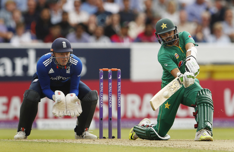 Pakistan's Azhar Ali hits a six during Fourth One Day International cricket game against England, at Headingly, on Thursday, September 1, 2016. Photo: Reuters