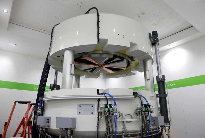 A cyclotrone is pictured inside a radiation bunker at the headquarters of Belgian group IBA, which makes proton therapy machines for the treatment of cancer, in Louvain-la-Neuve, Belgium, on July 22, 2016. Photo: Reuters