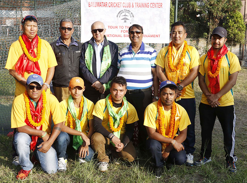 Baluwatar Cricket Club team members pose with officials after a farewell programme in Kathmandu on Tuesday, on the eve of their departure to Thailand. Photo: THT