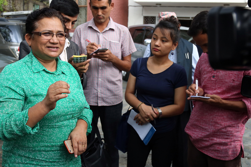 CPN Maoist Centre spokesperson Pampha Bhusal speaks with journalists after the party's Central Office meeting, in Kathmandu, on Friday, October 14, 2016. Photo: RSS