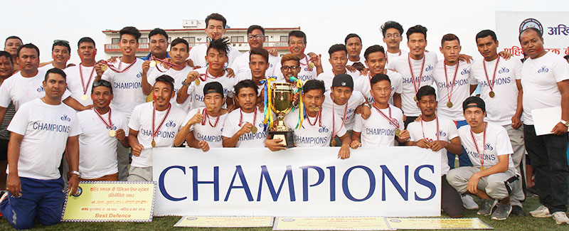 Chyasal Youth Club players and officials celebrate with the Martyrs Memorial B Division League trophy at the ANFA Complex in Lalitpur on Wednesday, October 5, 2016. Photo: Udipt Singh Chhetry/THT