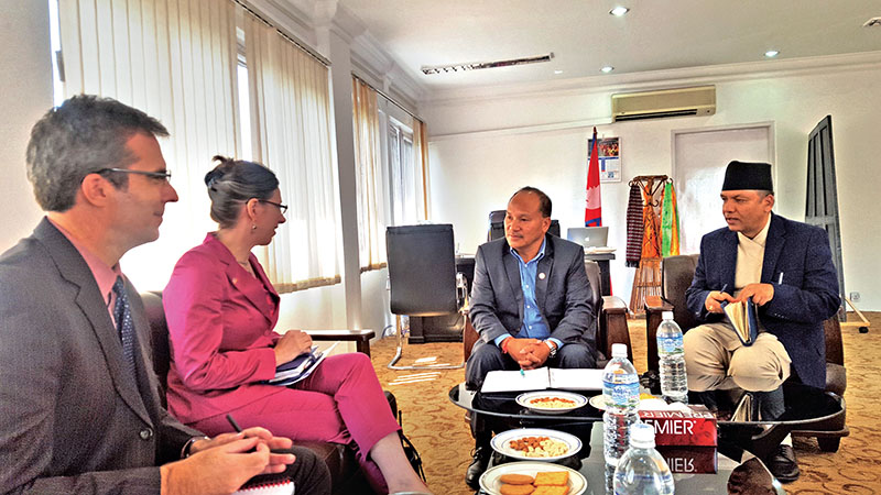 Commerce Minister Romi Gauchan Thakali (second from right) in a meeting with US Ambassador to Nepal Alaina B Teplitz, in Kathmandu, on Tuesday, October 18, 2016. Photo courtesy: MoC