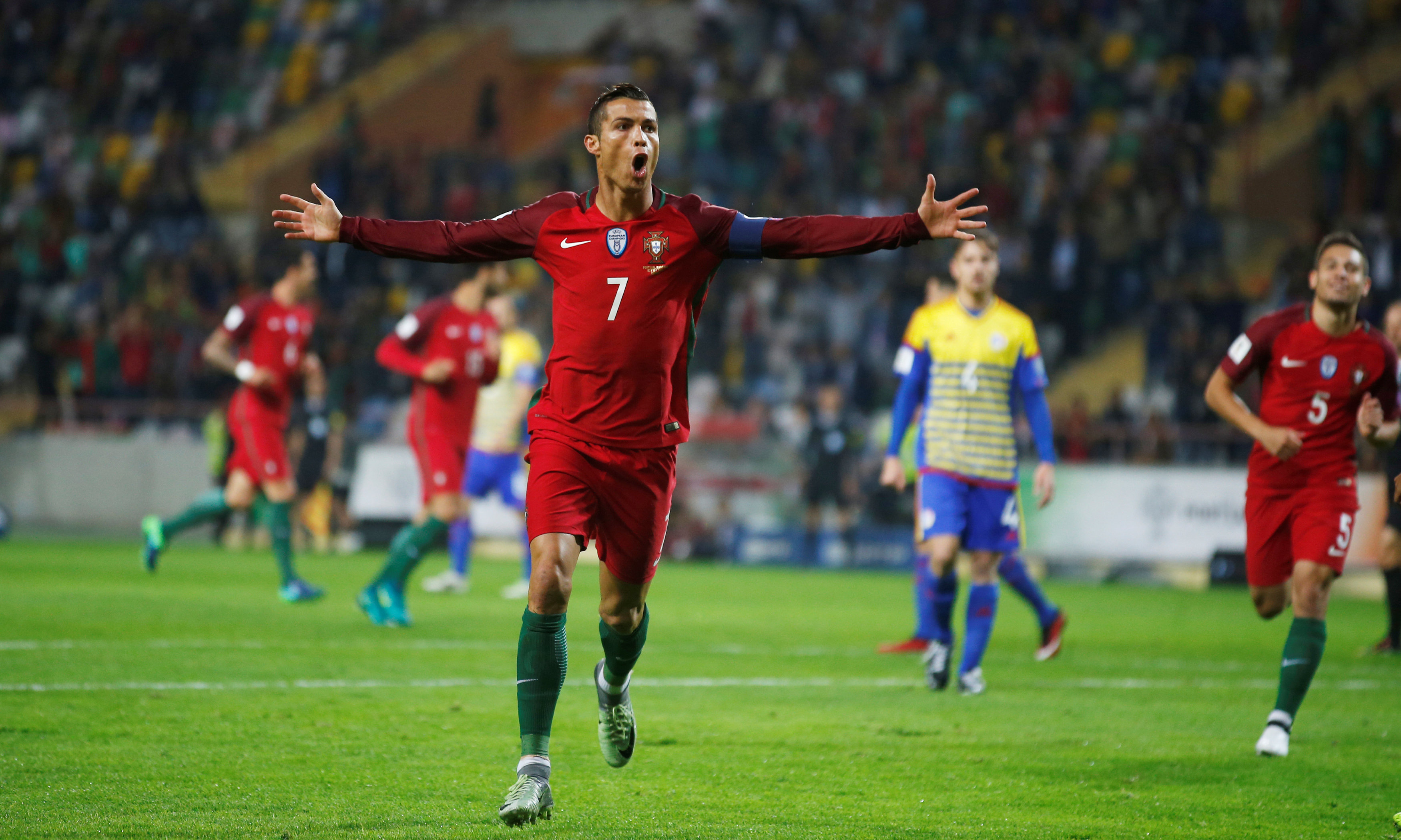 Portugal's Cristiano Ronaldo celebrates his second goal against Andorra during the World Cup 2018 qualifiers at the Aveiro stadium, Aveiro, Portugal on October 7, 2016. Photo: Reuters