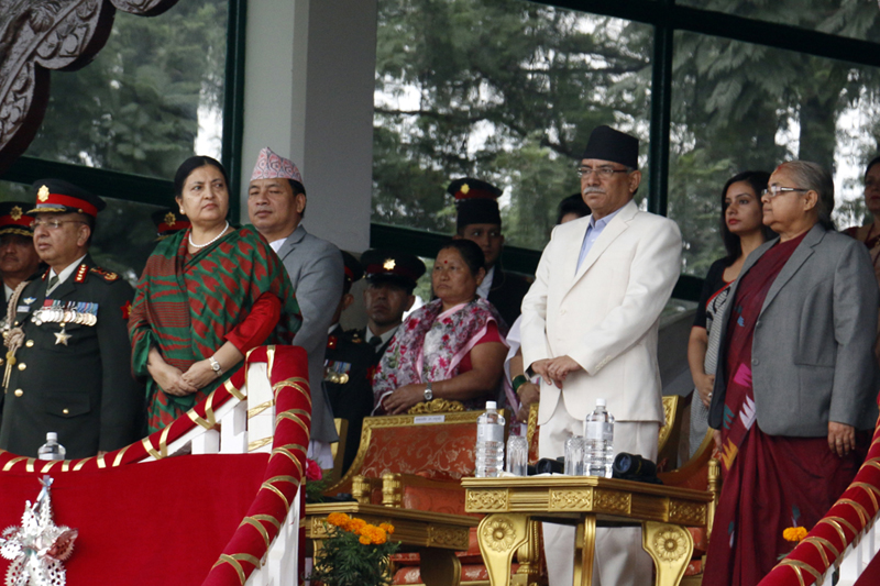 President Bidya Devi Bhandari, Vice-President Nanda Bahadur Pun, Prime Minister Pushpa Kamal Dahal and Chief Justice Sushila Karki observe the annual Phulpati celebration of Nepal Army, in Kathmandu, on Saturday, October 8, 2016. Photo: RSS