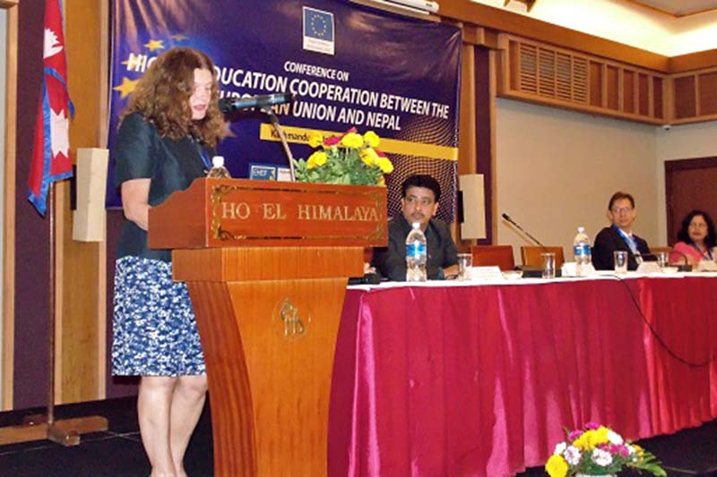 European Union Ambassador to Nepal Rensje Teerink addresses the EU-Nepal Conference on Higher Education Cooperation held at the Hotel Himalaya in Kathmandu on Wednesday, October 26, 2016. Photo Courtesy: EU in Nepal