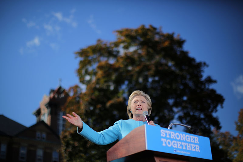 Democratic US presidential nominee Hillary Clinton speaks during a campaign rally at Alumni Hall Courtyard, Saint Anselm College in Manchester, New Hampshire US, on October 24, 2016. Photo: Reuters