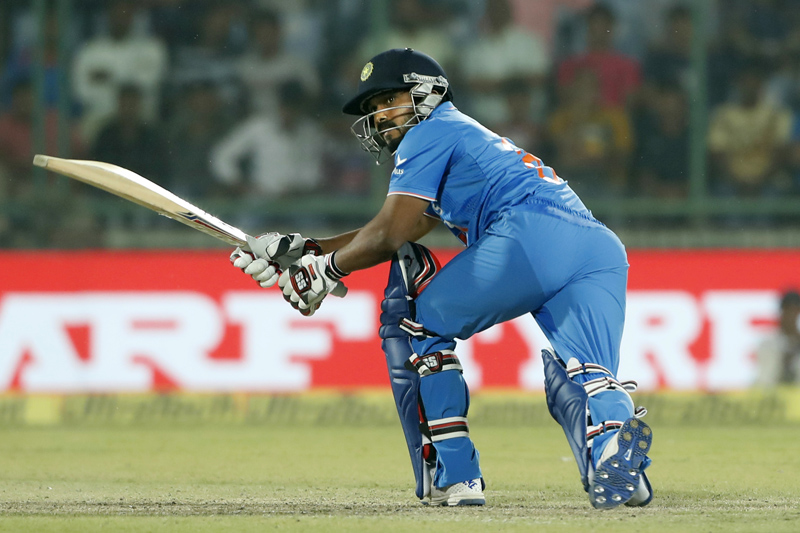 India's Kedar Jadhav plays shot against New Zealand during their second one-day international cricket match in New Delhi, India, Thursday, Oct. 20, 2016. Photo: AP