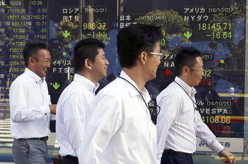 People walk by an electronic stock board of a securities firm in Tokyo, on Monday, October 24, 2016. Photo: AP