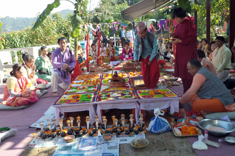 Japanese Hindu devotees and Nepali priests conduct a puja at a resort in Dhulikhel, Kavrepalanchok, on Saturday, October 29, 2016. Photo: RSS