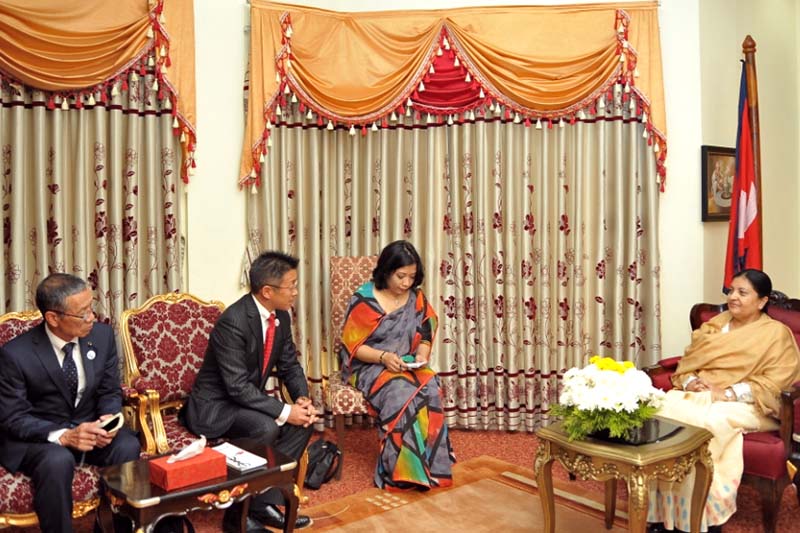 (From left) Japanese Ambassador to Nepal Masashi Ogawa and Yoshiya Hirano, representative of a Japanese delegation, in a meeting with President Bidya Devi Bhandari at the latter's office in Sheetal Niwas on Tuesday, October 25, 2016. Photo: President's Office