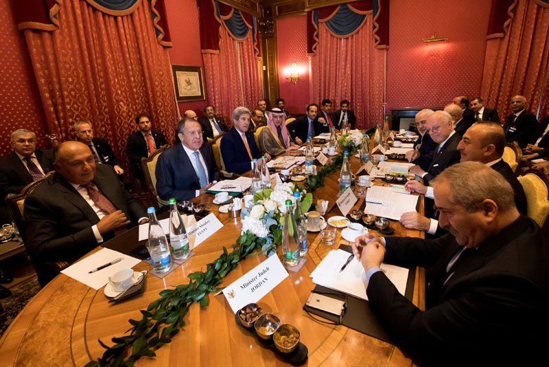 US Secretary of State John Kerry (third from left) convenes a bilateral meeting about crisis in Syria, in Lausanne, Switzerland, on October 15, 2016. Photo: Reuters