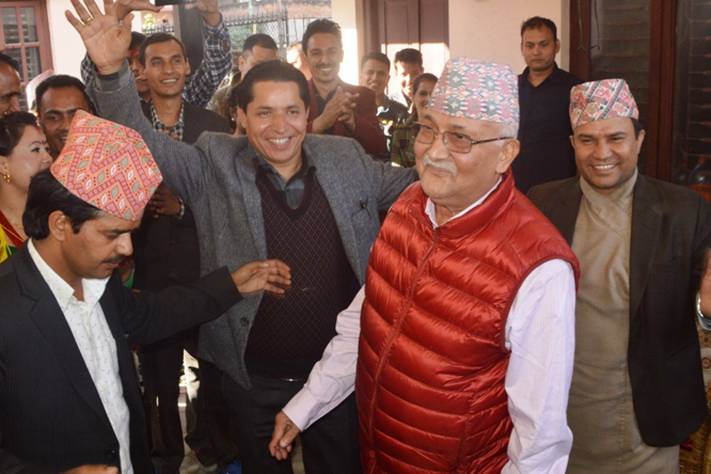 CPN-UML Chairman KP Sharma Oli prepares to dance as he receives a Deusi-Bhailo team from the Reporters' Club Nepal at his residence in Bhaktapur, on Monday, October 31, 2016. Photo: Reporters' Club Nepal
