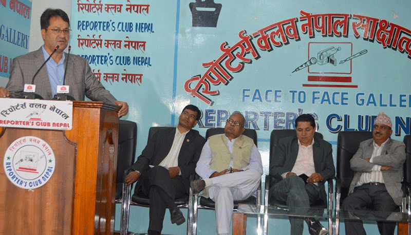 Minister for Defence and Nepali Congress leader NP Saud speaking at an interaction organised at the Reportersu2019 Club in the Capital on Thursday, October 20, 2016. Photo: Reportersu2019 Club 