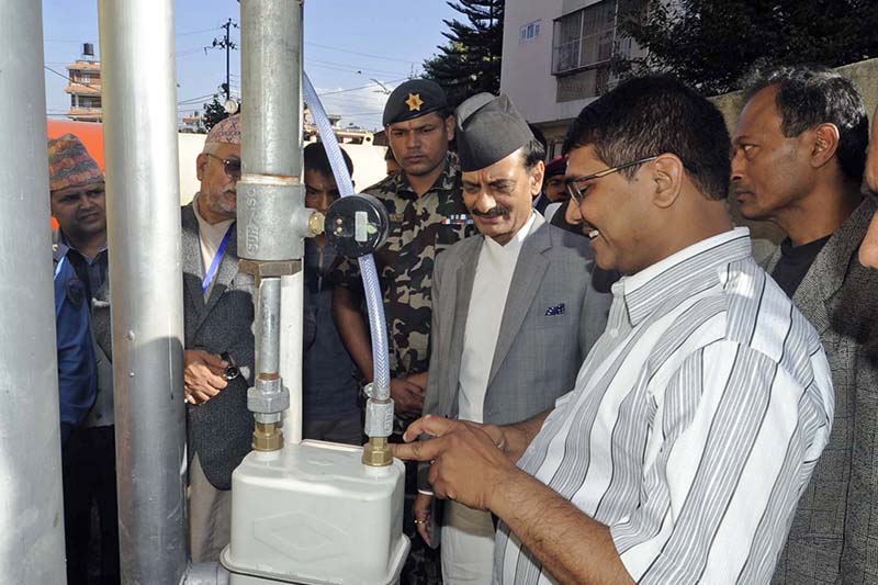 Minister for Industry Nabindra Raj Joshi at the inauguration of 'test production' of natural gases, in Imadol, on Friday, October 21, 2016. Photo: THT