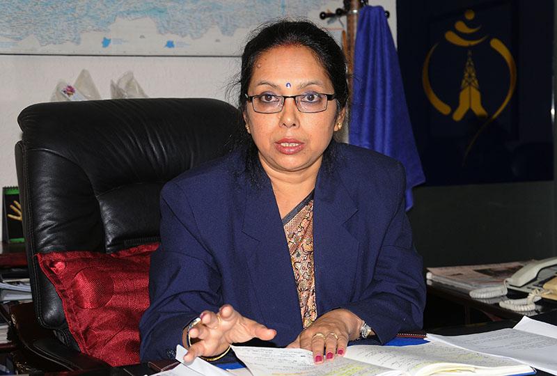 Managing Director of Nepal Telecom, Kamini Rajbhandari shares how she has planned to enhance NTu2019s services and other existing legacies in the coming days, at Bhadrakali in Kathmandu, on Sunday, October 2. Photo: Balkrishna Thapa Chhetri/THT