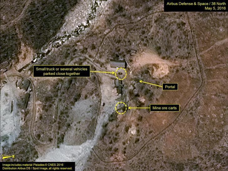 The Punggye-ri test site in North Korea is seen in an image from Airbus Defense and Space and 38 North taken May 5, 2016 and released May 6, 2016.    Includes material Pleiades copyright 2016 Distribution Airbus DS/Spot Image, all rights reserved/Handout via Reuters/File Photo