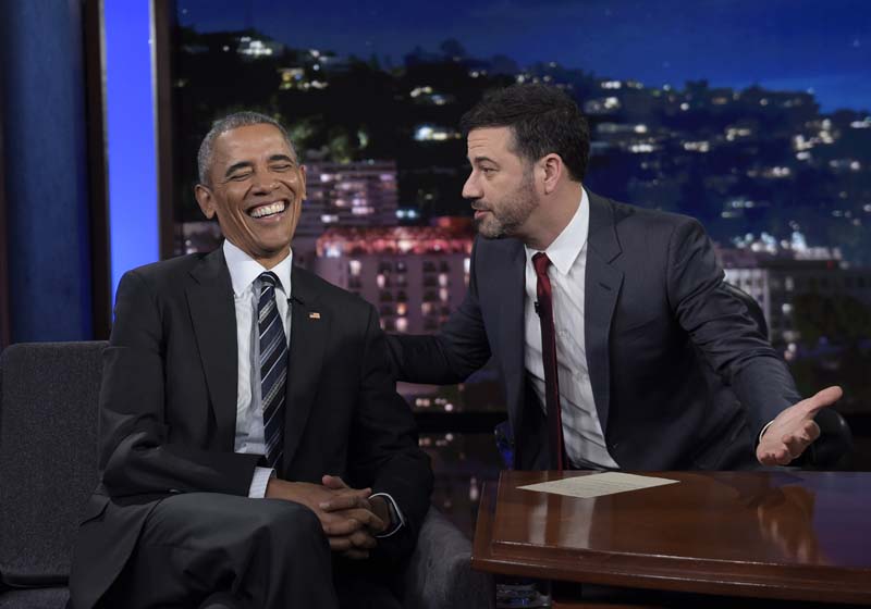 President Barack Obama talks with Jimmy Kimmel in between taping segments of Jimmy Kimmel Live! at the El Capitan Entertainment Centre in Los Angeles, on Monday, October 24, 2016. Photo: AP