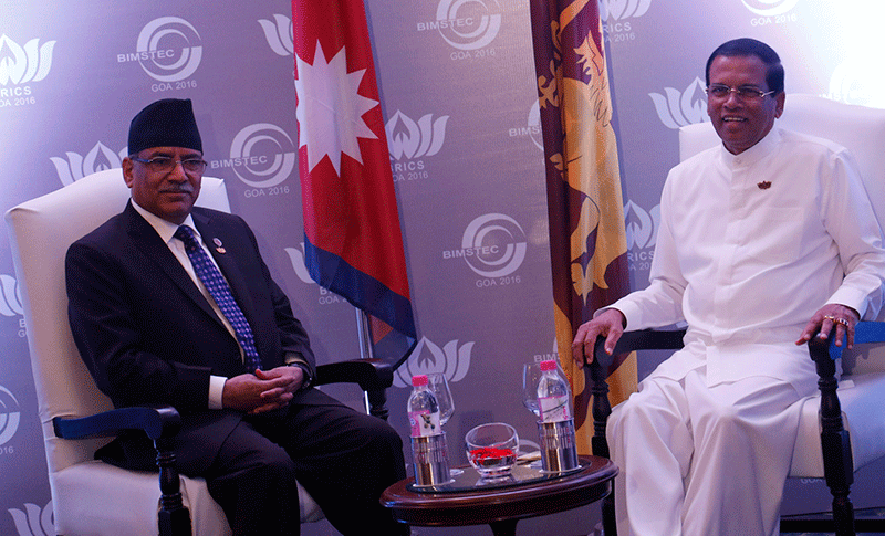Prime Minister Pushpa Kamal Dahal holds a meeting with Sri Lankan President Maithiripala Sirisena at Leela Hotel in Goa of India on Sunday, October 16, 2016. Photo: RSS n