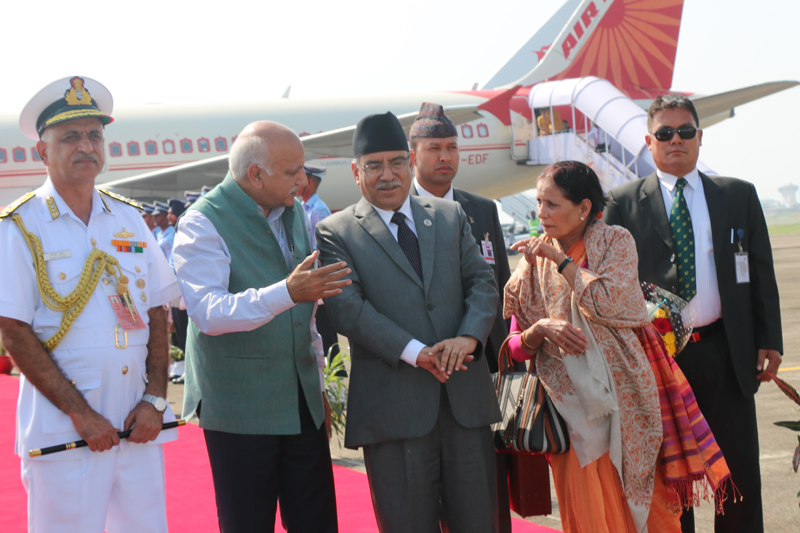 Nepal's Prime Minister Pushpa Kamal Dahal escorted by officials as he lands at the Goa International Airport in India, to attend the BRICS-BIMSTEC Outreach Summit, on Saturday, October 15, 2016. Photo: PM's Secretariat