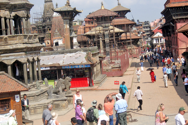 Domestic and foreign tourists are seen at the Patan Durbar Square, on Thursday, October 20, 2016. The UNESCO World Heritage Site has witnessed a surge in the number of tourists of late, though the number had declined after last year's devastating earthquake and blockade along the Nepal-India border points. Photo: RSS