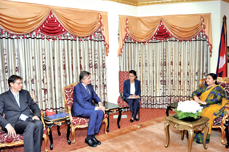 Philippe Douste-Blazy, the French government's candidate for the post of Director General of World Health Organisation, paying a courtesy call on President Bidya Devi Bhandari, in Kathmandu, on Monday, October 17, 2016. Photo: RSS