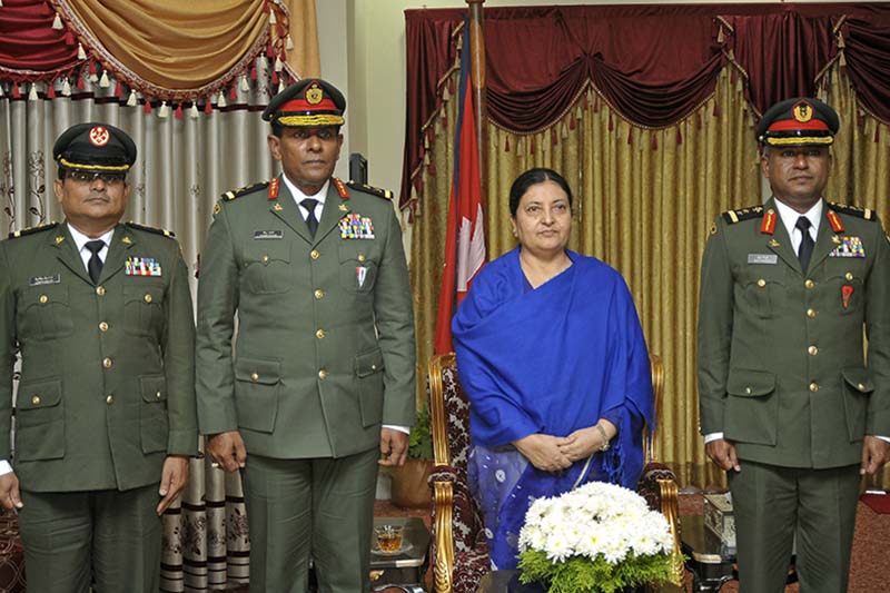 President Bidya Devi Bhandari with chief of Maldives National Defense Force Ahmed Shiyam (2nd from left) and other top security official of the Maldives, at her office in Sheetal Niwas, Kathmandu on Tuesday, October 18, 2016. Photo Courtesy: President's Office