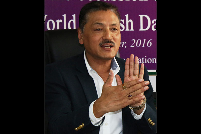 President of Nepal Squash and Rackets Association and CEO of Civil Bank Kishor Maharjan speaks during a press meet in Kathmandu on Sunday, October 16, 2016. Photo: THT