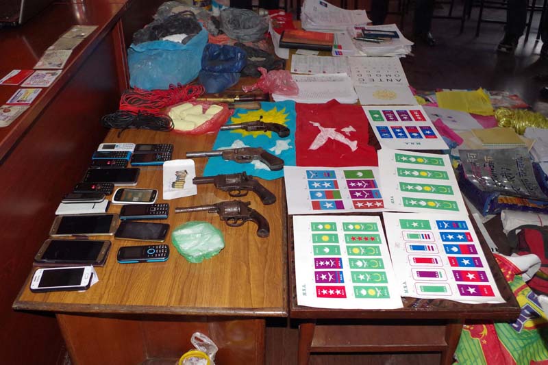 Weapons, documents  and other paraphernalia seized from the arrested leaders of Mulbasi Rastriya Force. Photo: MPO, Ranipokhari