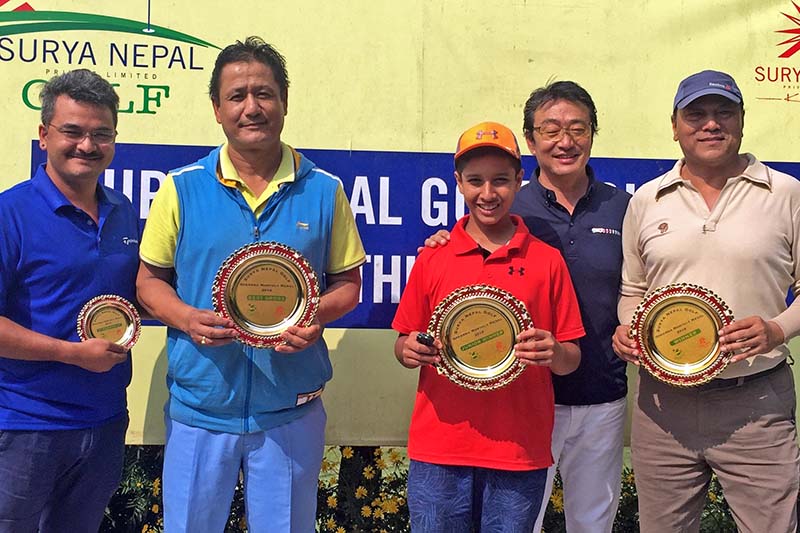 (From left) Dhruba Thapa, SSP Rajendra Shrestha, Mayanka Dahal, Phintso Ongdi Lama and Purna Shakya after the Surya Nepal Gokarna Monthly Medal at Gokarna Golf Club in Kathmandu, on Saturday, October 15, 2016. Photo Courtesy: Gokarna Golf Club